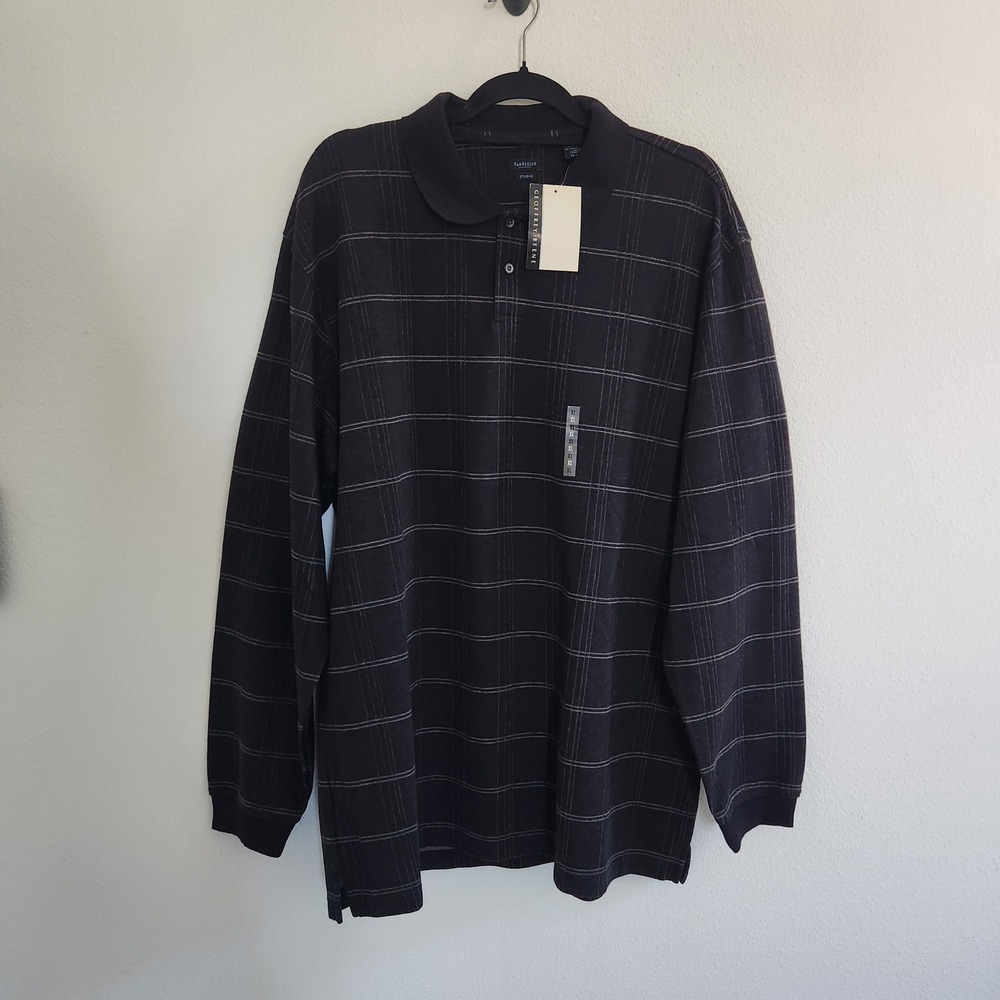 Van Heusen Studio Mens‎ XL Long Sleeve Polo Shirt Black Grey Plaid NWT